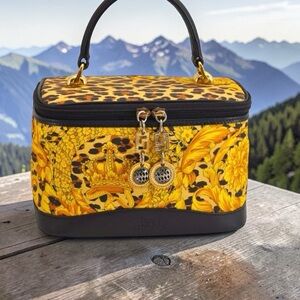 Gianni Versace vintage leopard vanity make up case with mirror and charms EUC